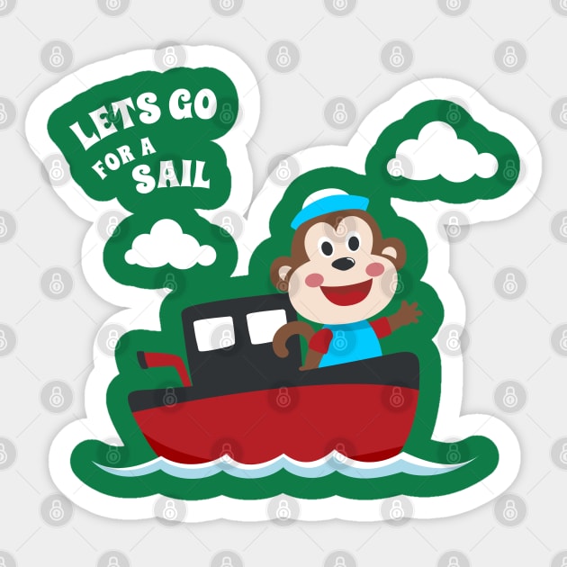 Cute monkey the animal sailor on the boat with cartoon style. Sticker by KIDS APPAREL